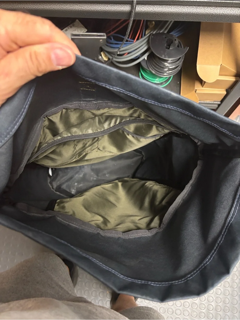 Timbuk2 Navy Roll-Top Backpack with Olive Strap and Red Zipper
